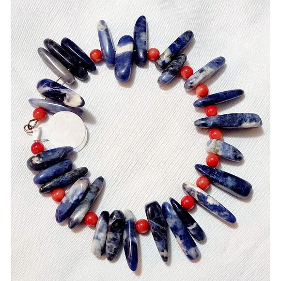 Sodalite Blue & White Stone Bead And Red Coral Bracelet 8" Wired - Picture 6 of 6